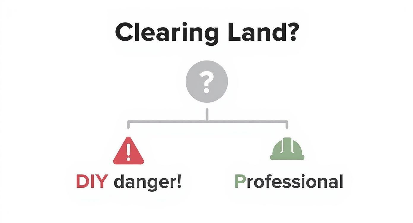 Infographic decision tree comparing DIY vs professional land clearing.