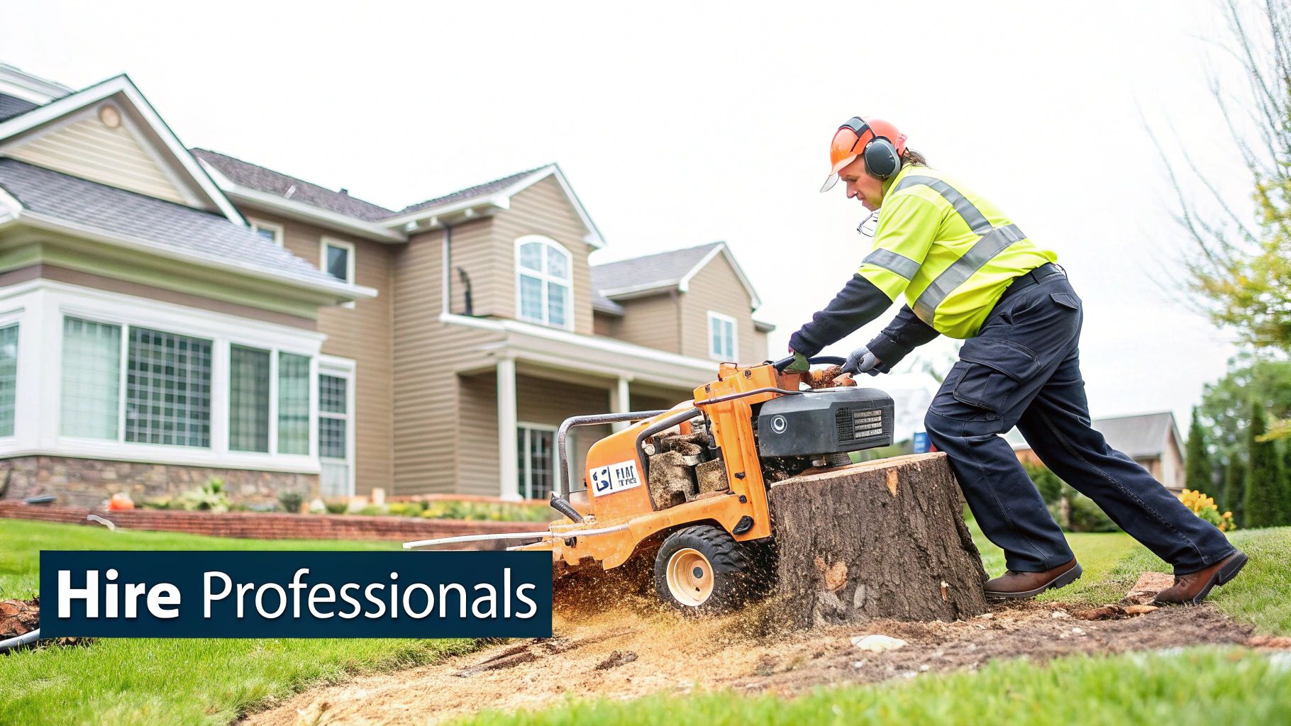 A professional operates a stump grinder to remove a large tree stump in a suburban backyard.