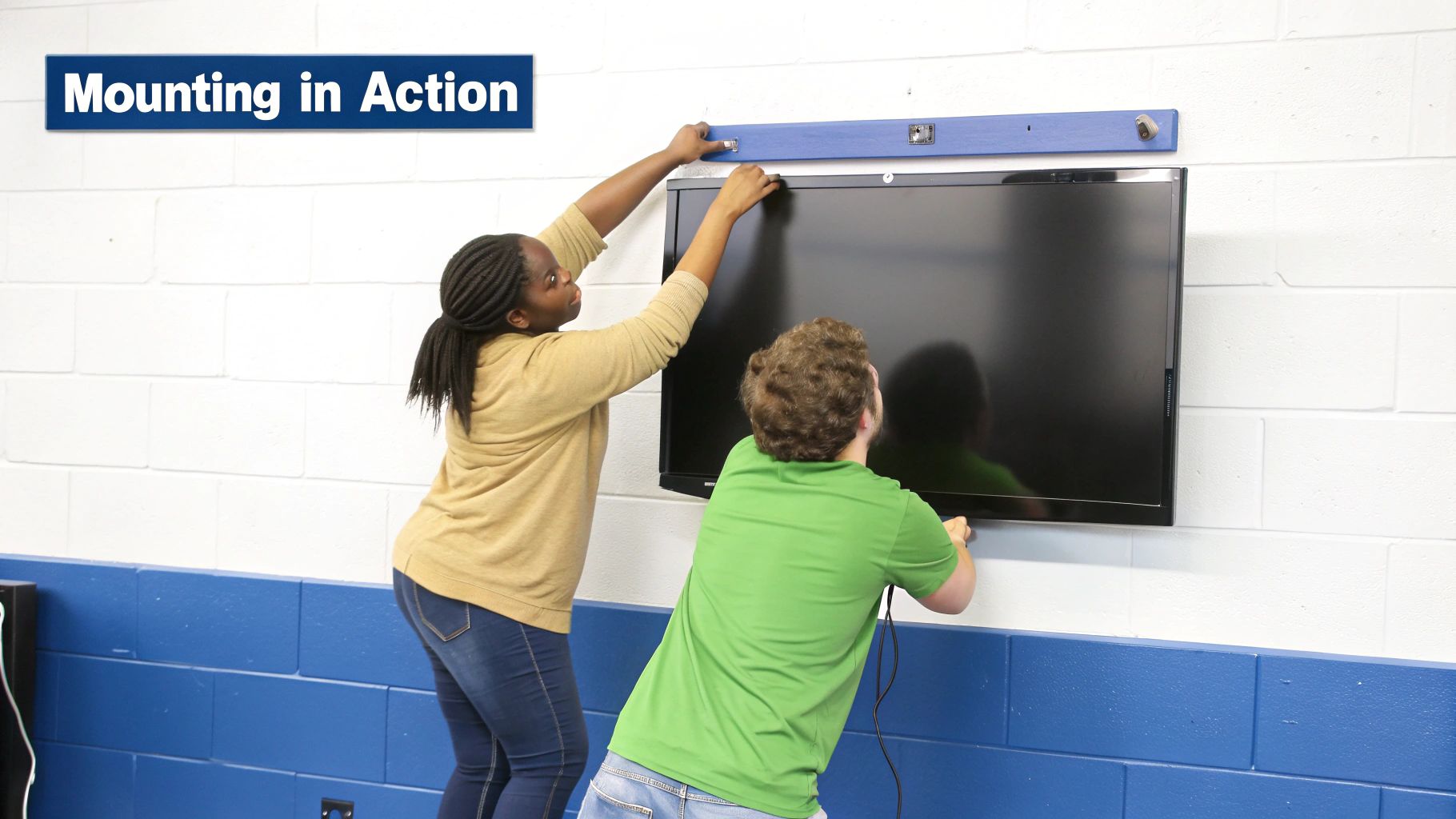 A person securely attaching a TV to a wall mount bracket.