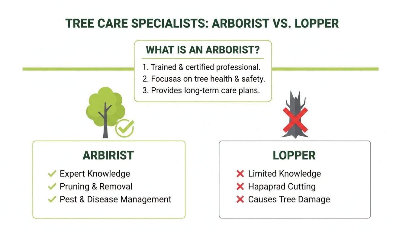 Visual guide distinguishing tree care specialists: arborists are trained professionals, while loppers have limited knowledge and cause damage.