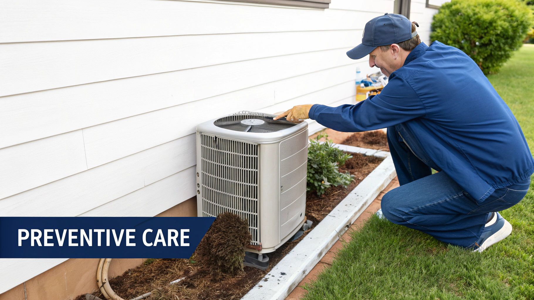 A qualified technician in uniform holding tools, ready for an air conditioner repair job