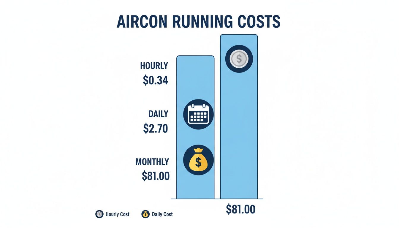 Bar chart illustrating aircon running costs: hourly $0.34, daily $2.70, and monthly $81.00.