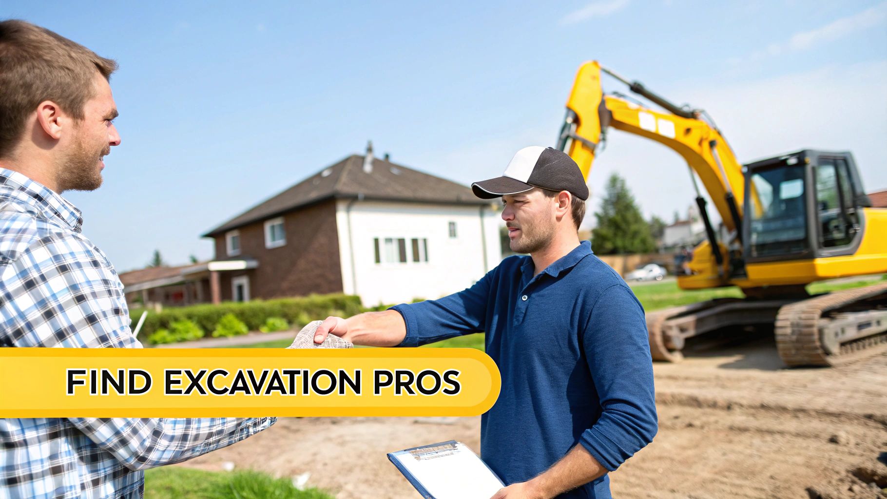 Two men, a homeowner and an excavation professional, shaking hands at a construction site with an excavator.