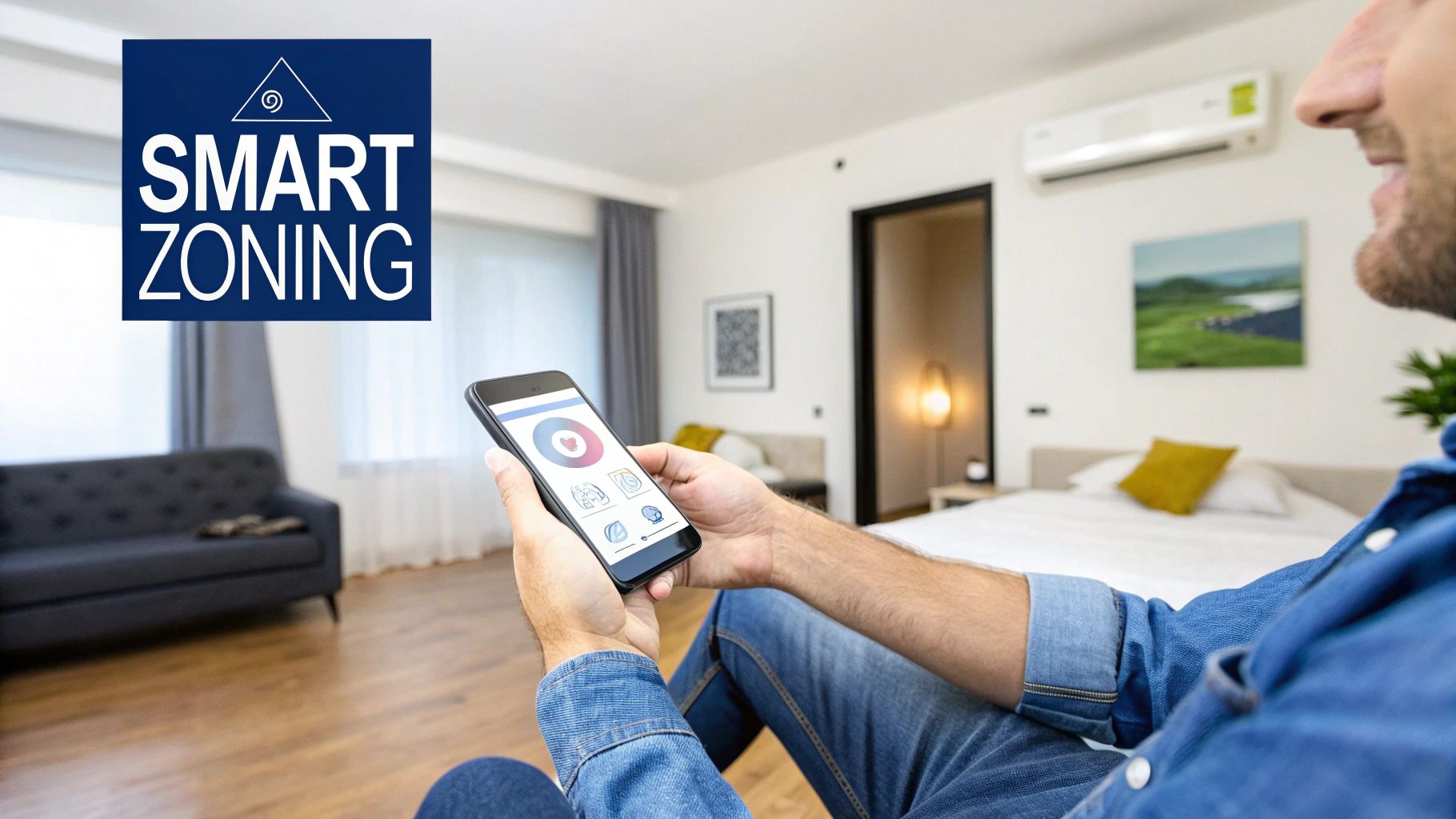 A man uses a smartphone with a smart home app to control smart zoning in a modern room with an AC unit.