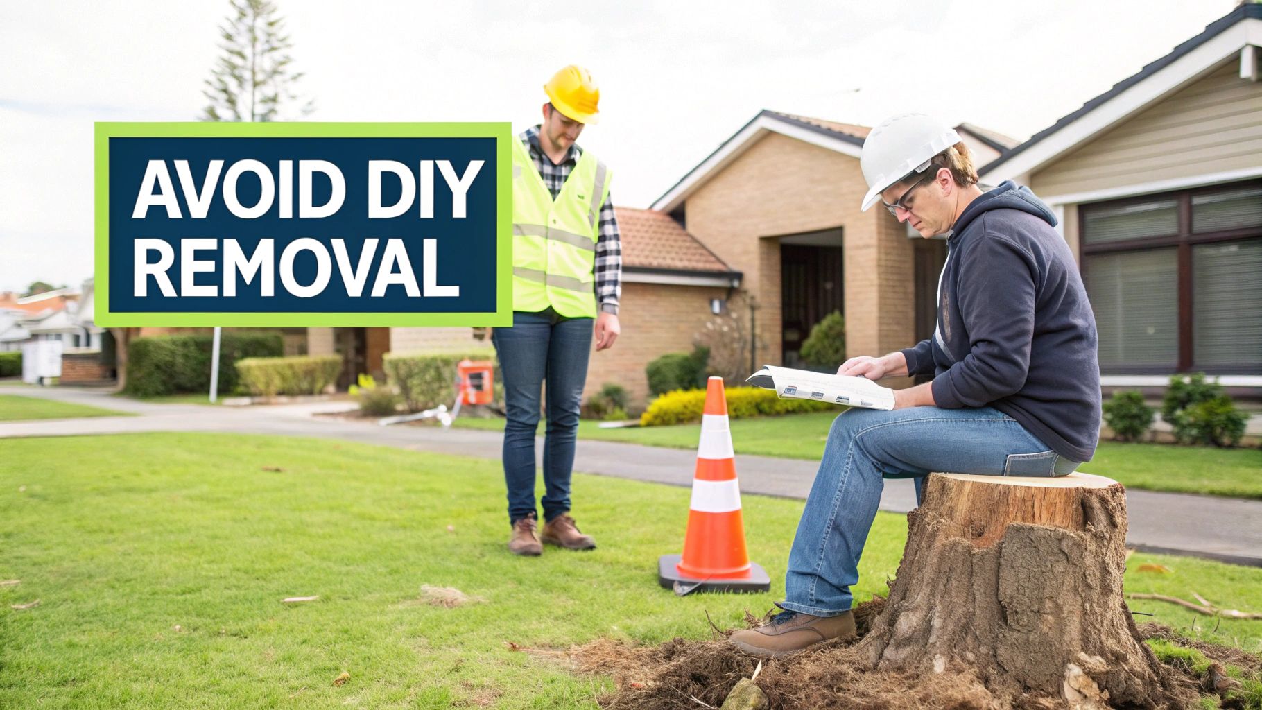 Two men, one sitting on a tree stump reading, the other standing, with a 'AVOID DIY REMOVAL' sign.