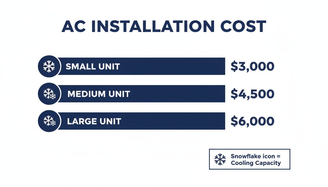 An infographic displaying AC installation costs: Small Unit $3,000, Medium Unit $4,500, Large Unit $6,000.