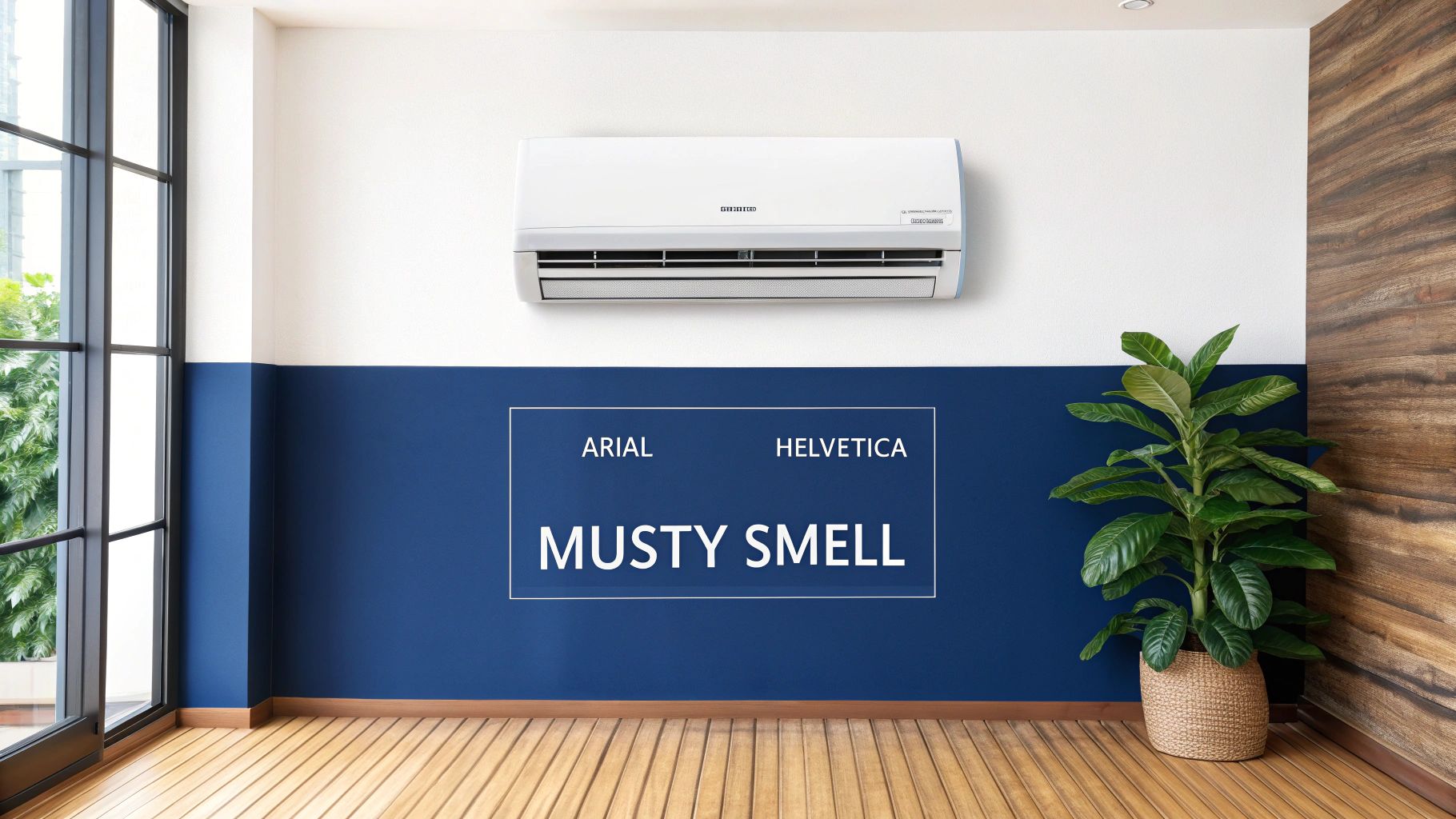 White air conditioner on a two-tone wall with 'MUSTY SMELL' text, a plant, and wooden floors.