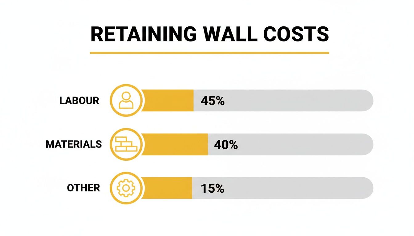 A bar chart breaking down retaining wall costs: Labour 45%, Materials 40%, Other 15%.