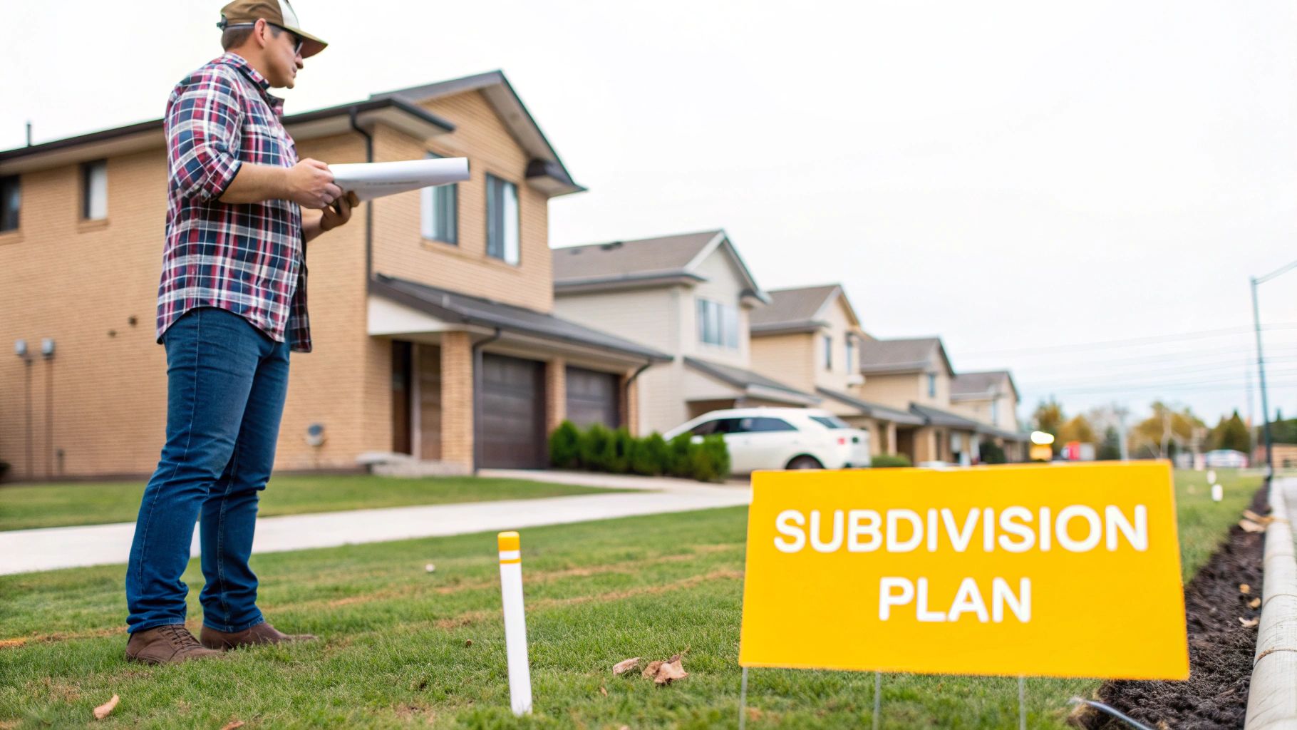 Man in plaid shirt reviews subdivision plans on a residential street with new houses and a sign.