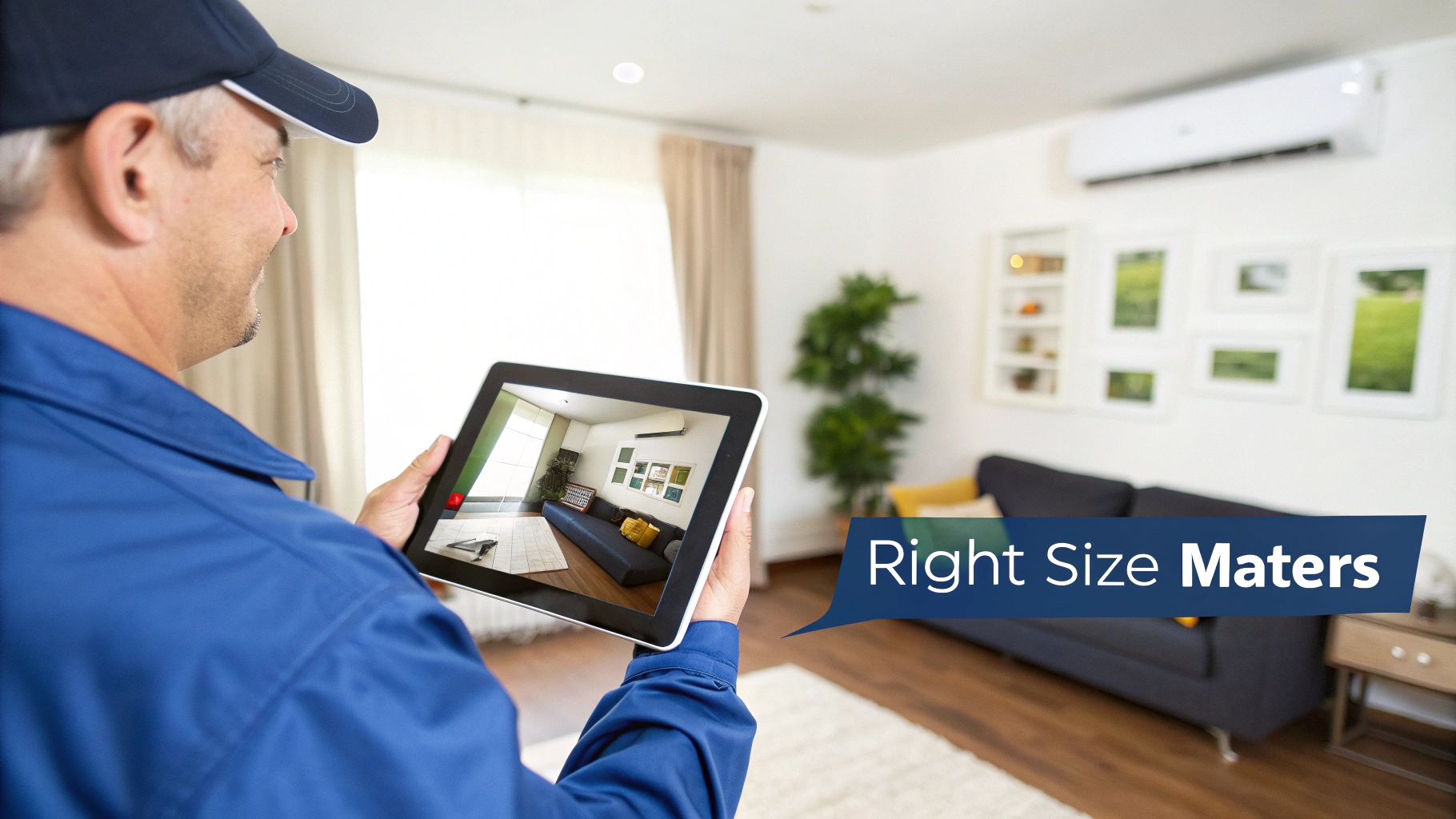 HVAC professional using a tablet to measure a living room for optimal split AC unit sizing.