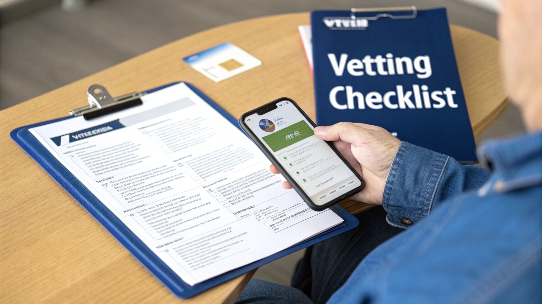 Person holding a smartphone, reviewing a vetting checklist and application forms on a wooden desk.
