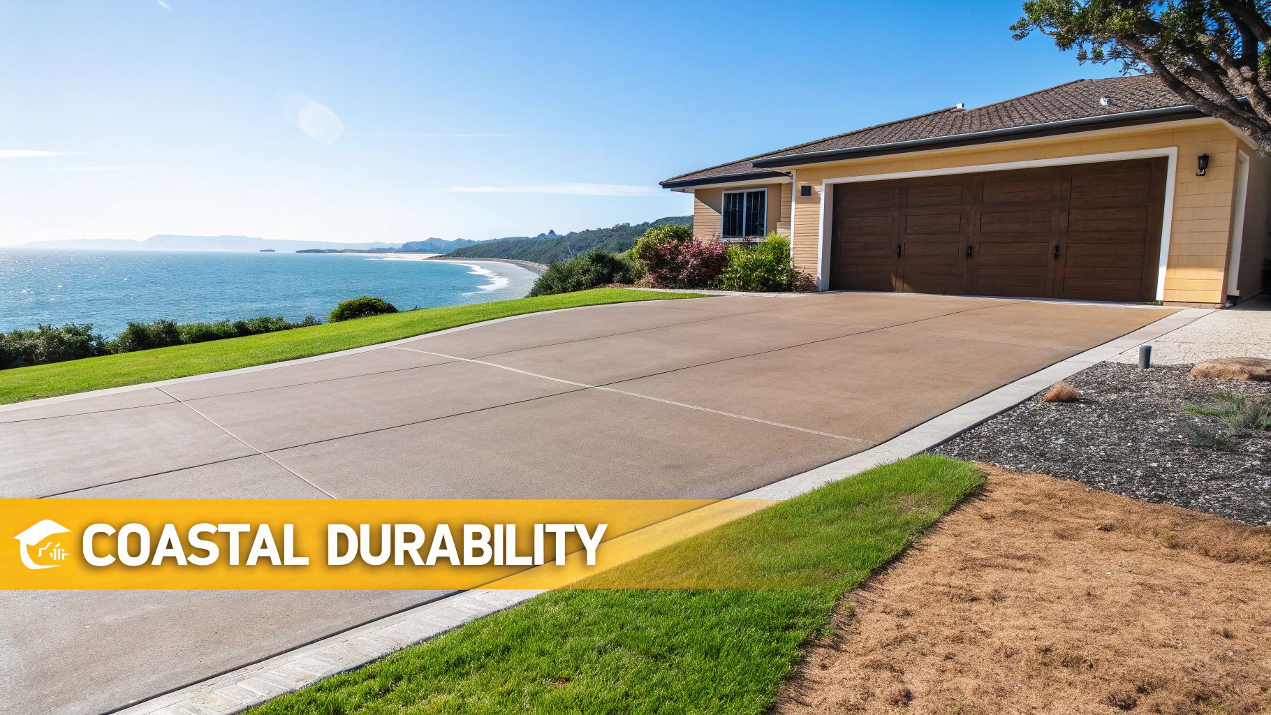 A newly finished, modern concrete driveway in a suburban Central Coast setting.