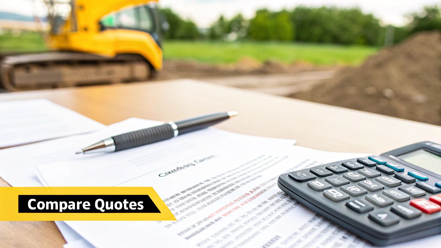 An earthmoving contractor reviewing a quote on a clipboard with a client on a construction site.