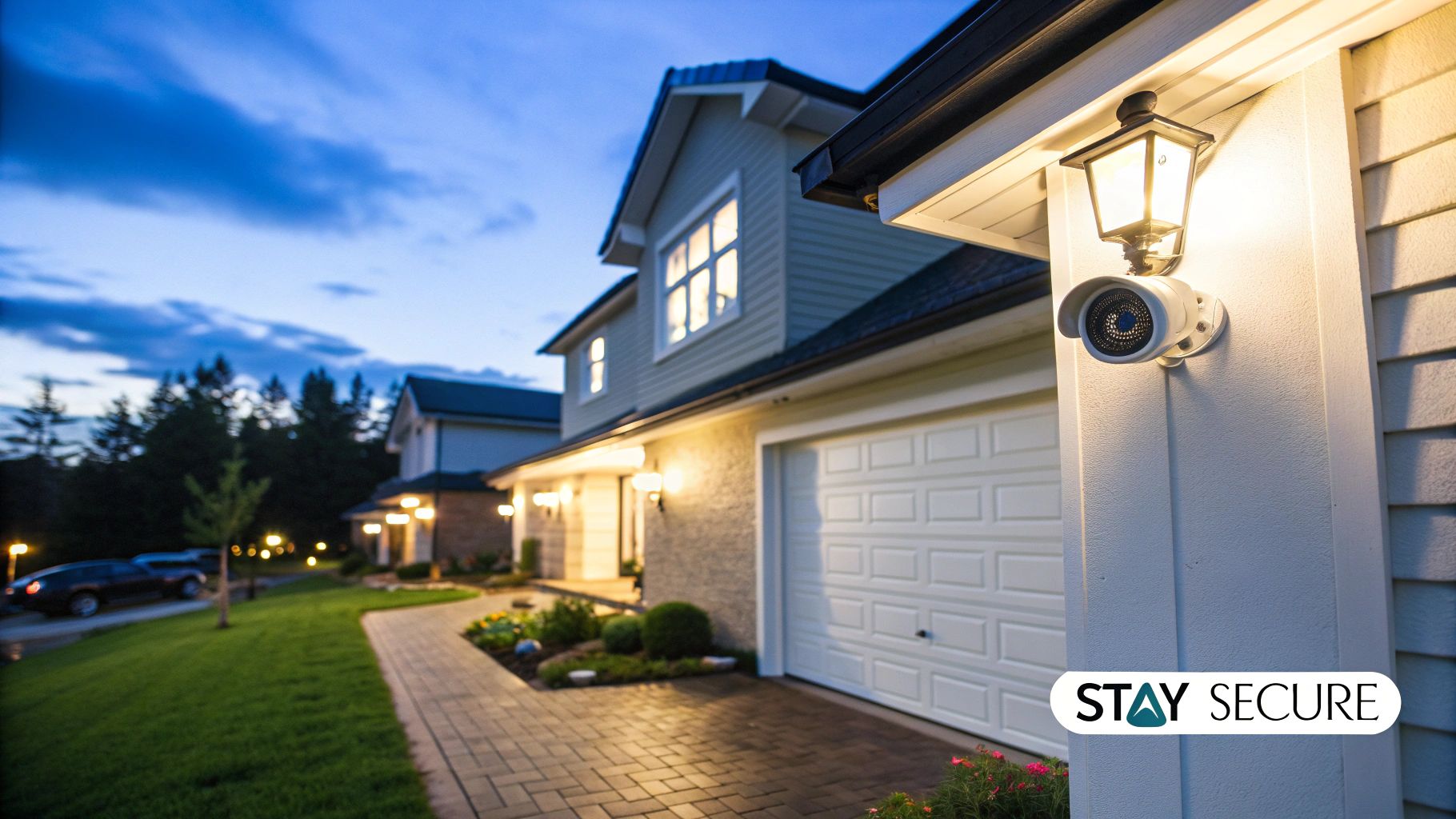 A modern home with visible security cameras installed under the eaves, showcasing a residential security setup.