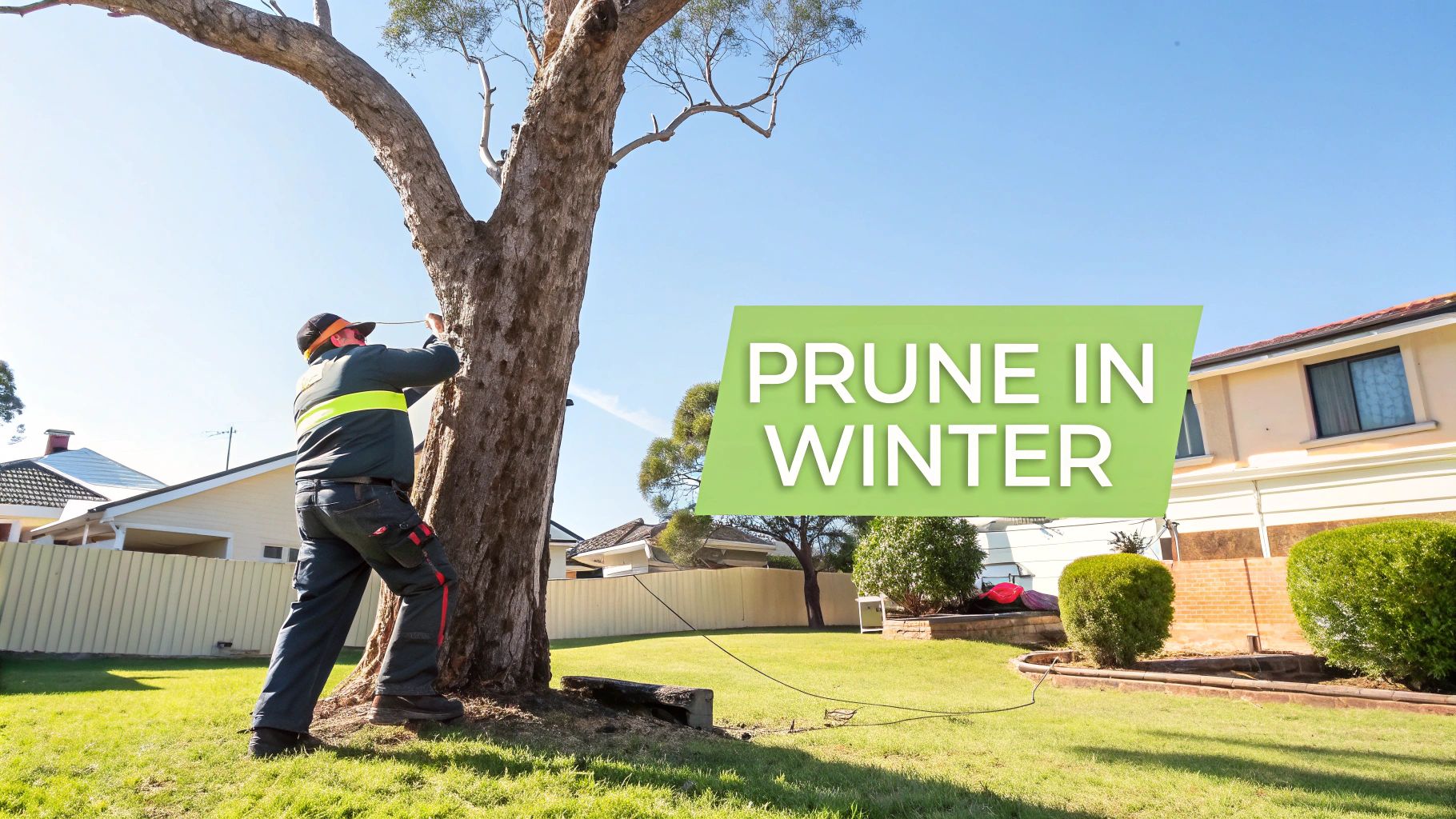 A person in work clothes pruning a large tree in a sunny backyard.