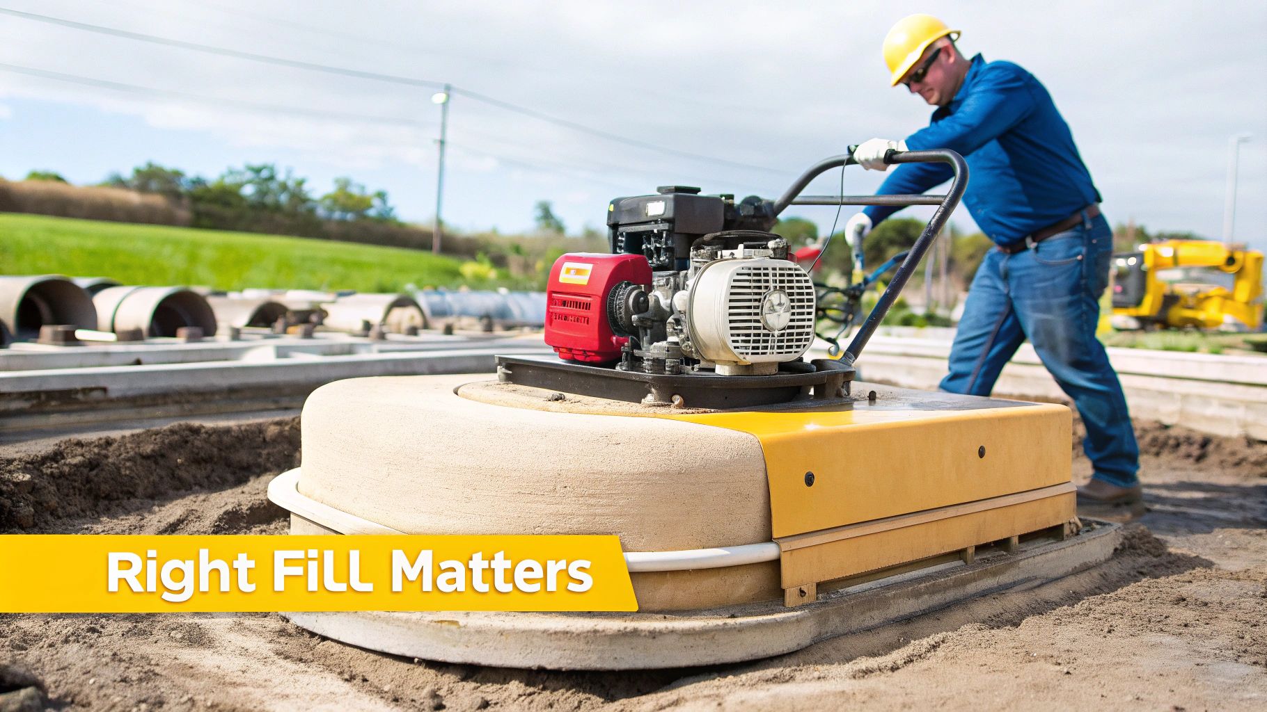 A construction worker in a hard hat operates a yellow plate compactor on sand at a job site.