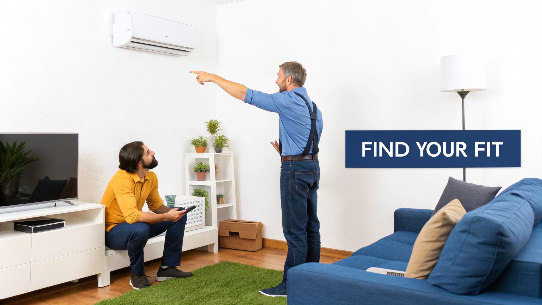Two men in a living room, one pointing at a wall-mounted air conditioner while the other looks on.