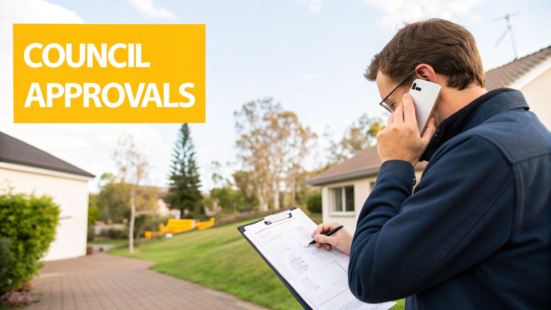 A person in safety gear assessing a sloped site with measuring tools, planning for a retaining wall installation.