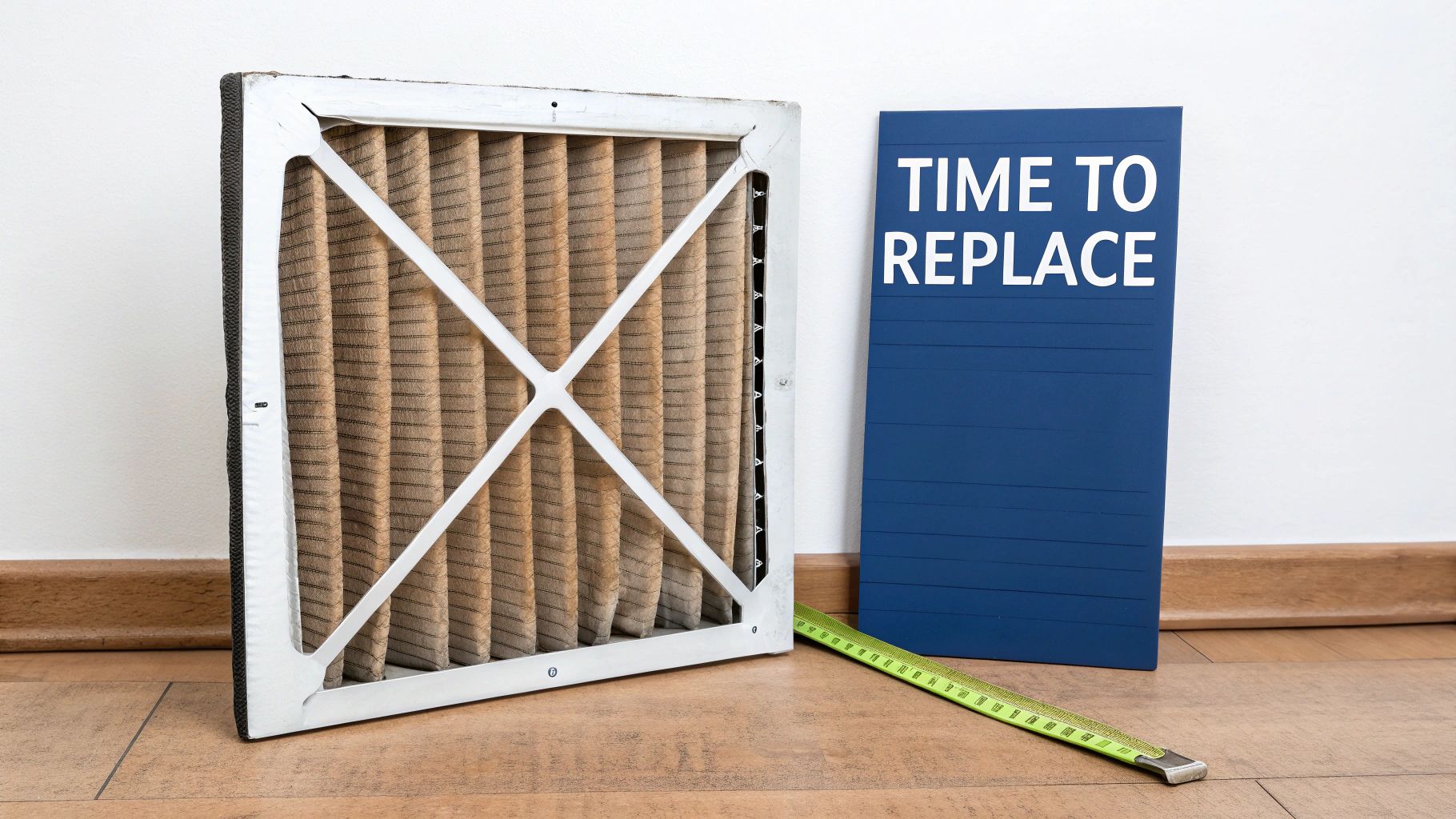 An old, dirty air filter next to a blue sign saying "TIME TO REPLACE" with a measuring tape.