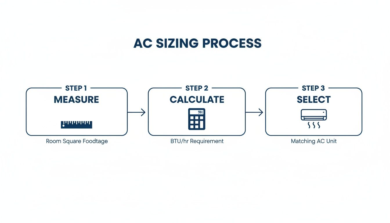 A diagram illustrating the AC sizing process in three steps: Measure room square footage, Calculate BTU/hr requirement, and Select matching AC unit.