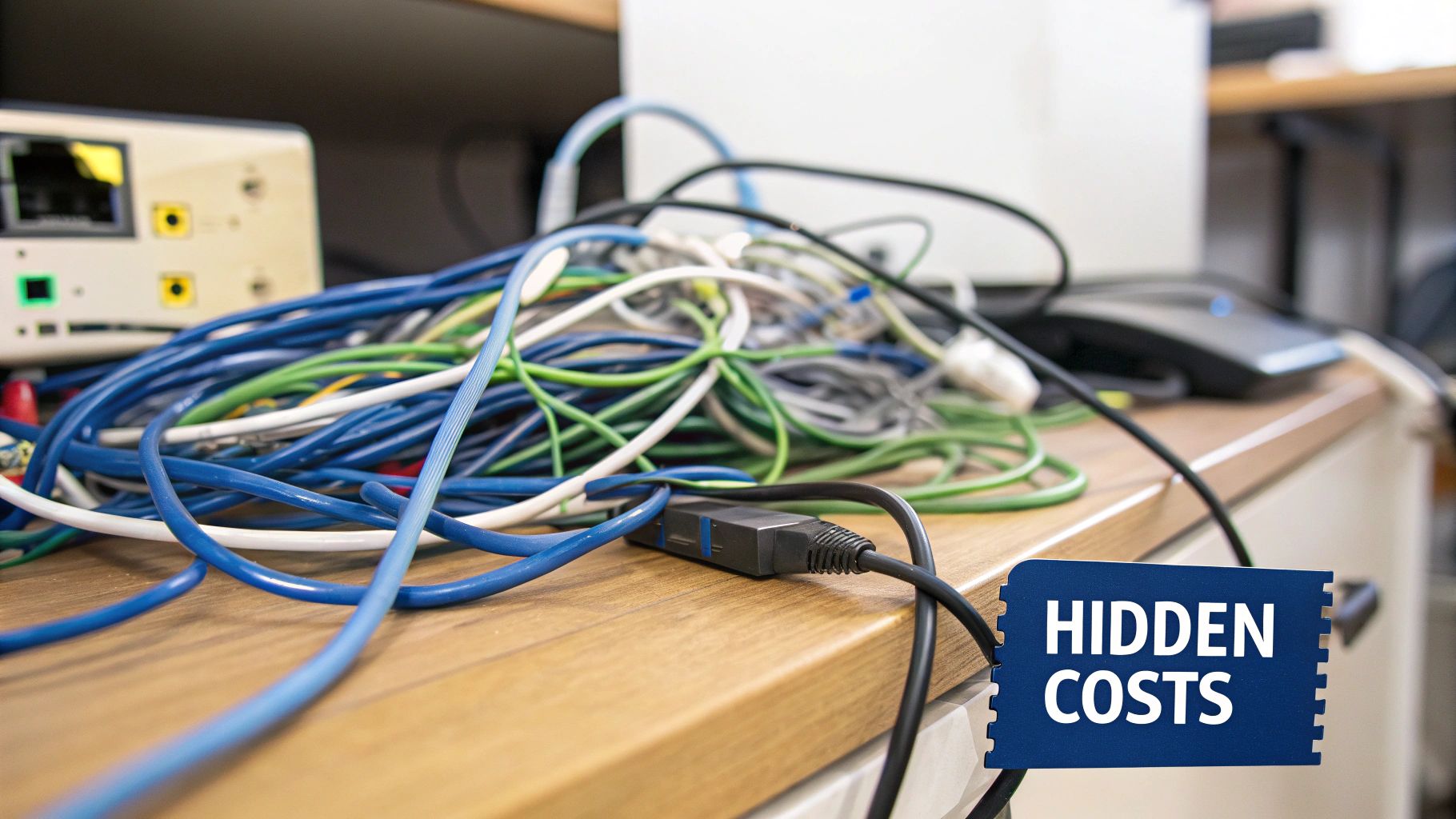 A messy tangle of data cables creating a 'bird's nest' behind a server rack