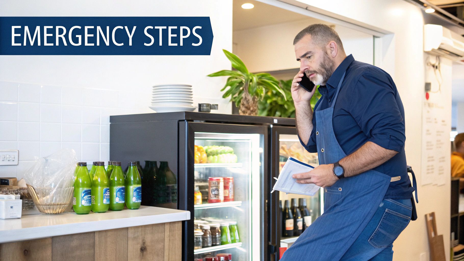 Man in apron making a phone call next to commercial refrigerators during an emergency.