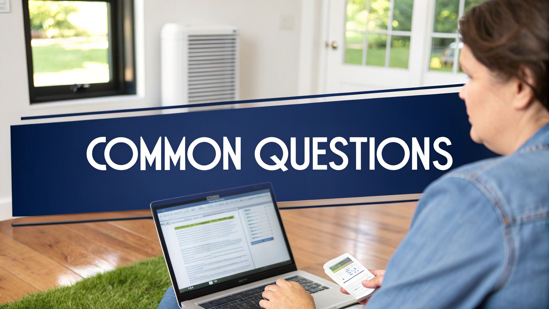A person researching on a laptop with a remote, banner reads "COMMON QUESTIONS".