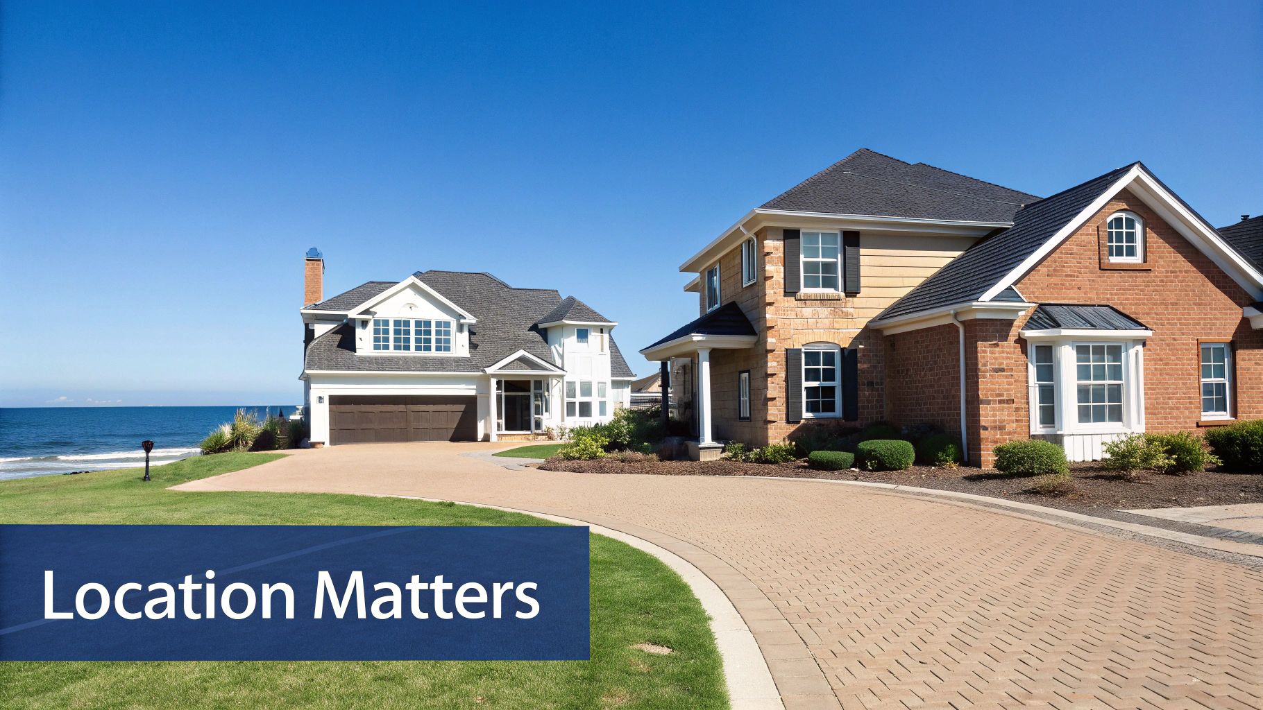 Luxury homes by the ocean with a scenic driveway, emphasizing location.
