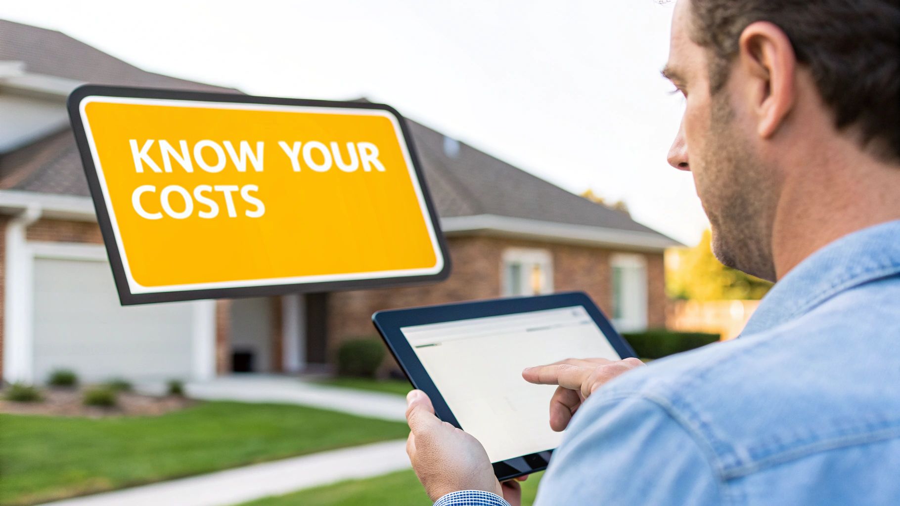 A man uses a tablet to research home expenses, with a 'Know Your Costs' sign floating above a house.