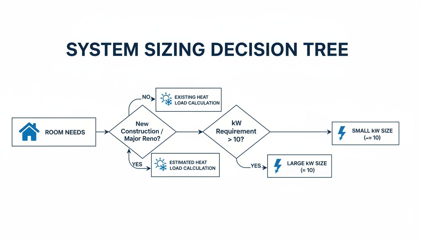 A system sizing decision tree flowchart for determining heat load and kW requirements based on room needs.