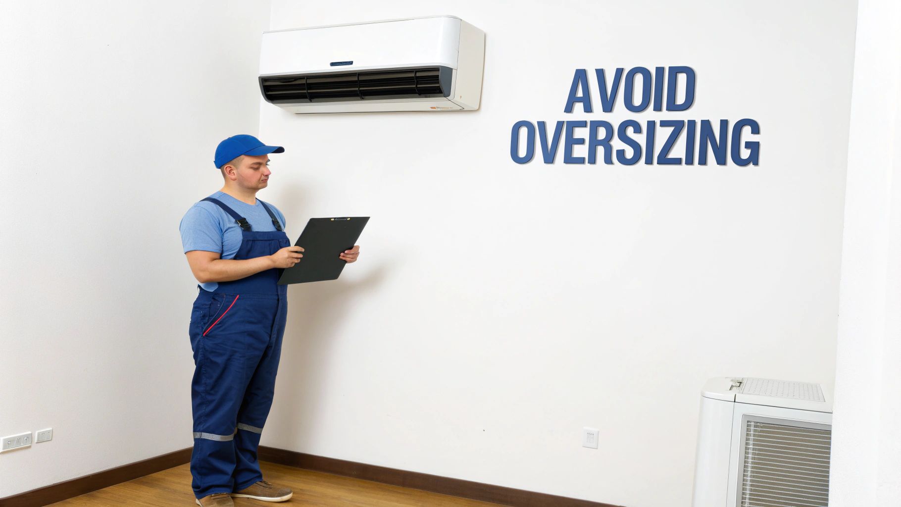 A technician in blue overalls and cap holds a clipboard next to an AC unit on a white wall, with 'AVOID OVERSIZING' text.