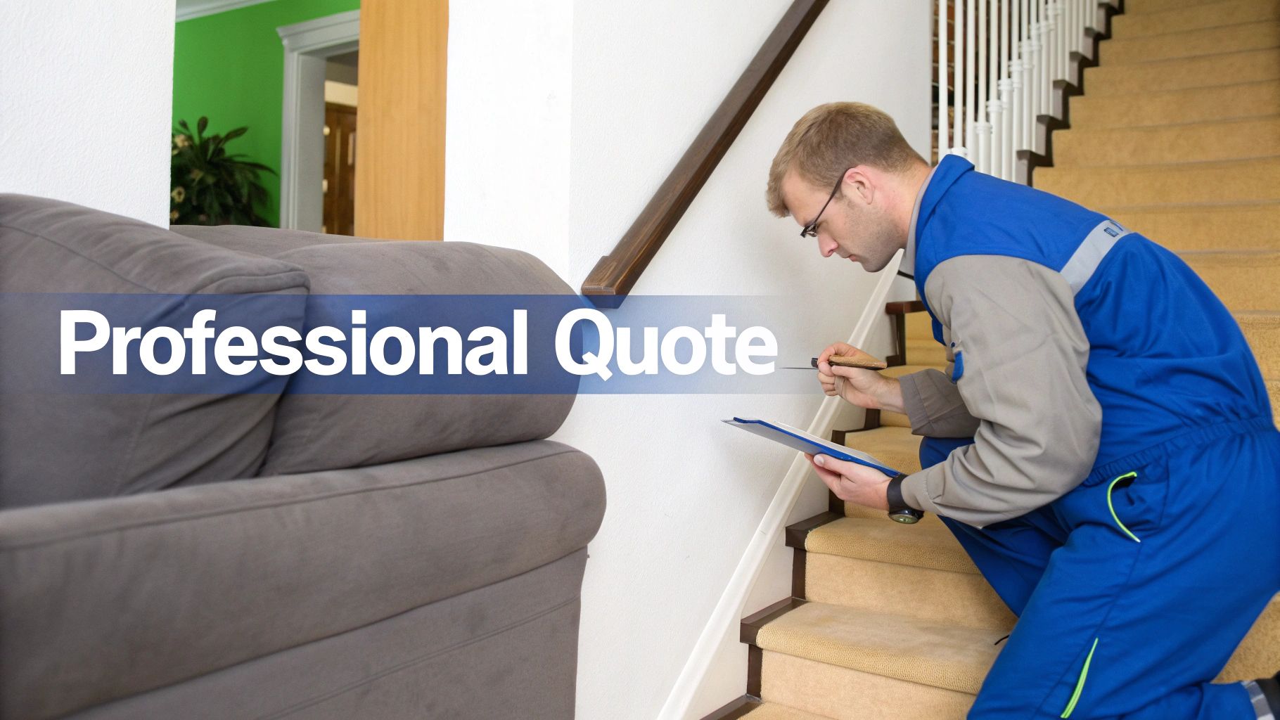 A professional in a uniform is inspecting a wall next to a staircase, holding a clipboard and pen, with overlay text 'Professional Quote'.