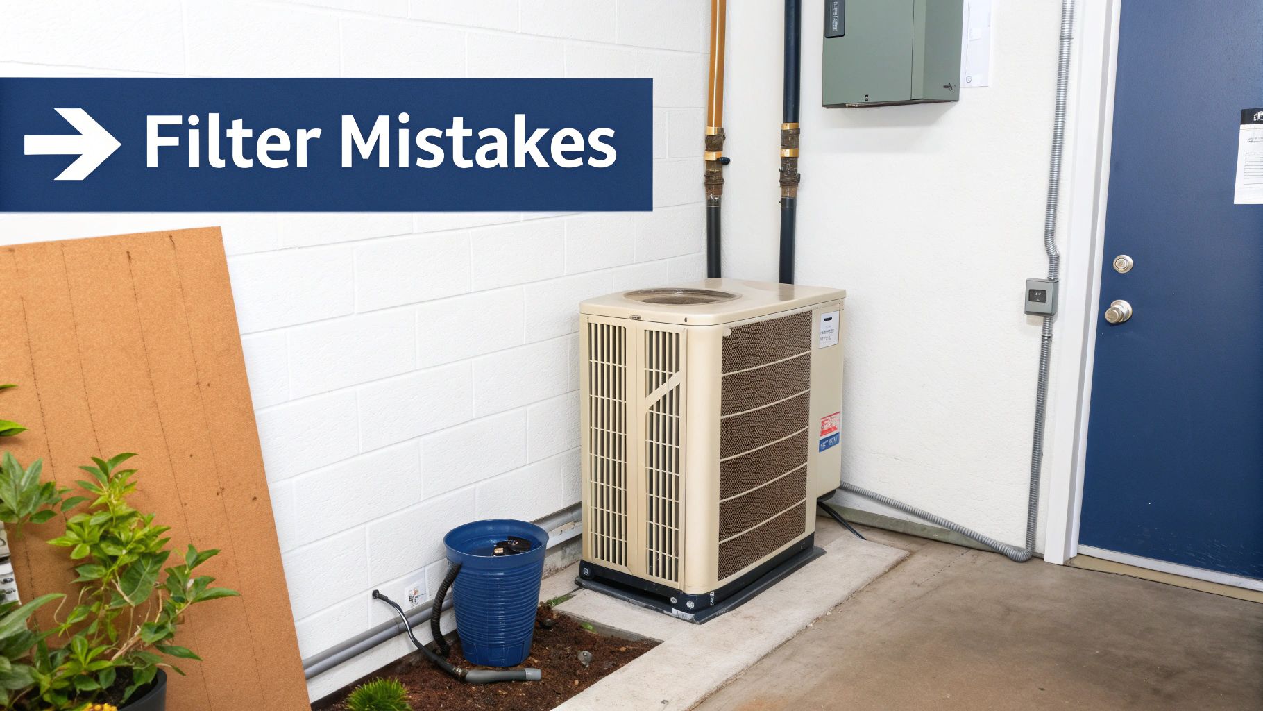An outdoor AC unit beside a white brick wall with a prominent 'Filter Mistakes' sign.