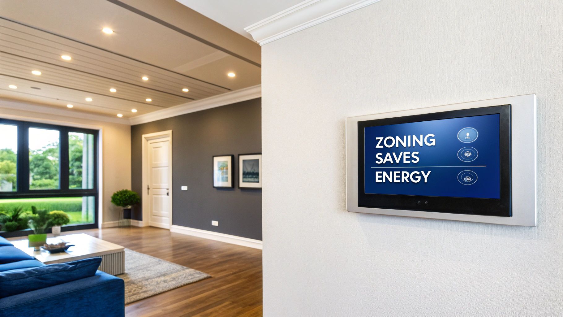 A smart home control panel displaying "ZONING SAVES ENERGY" on a white wall in a modern living room.