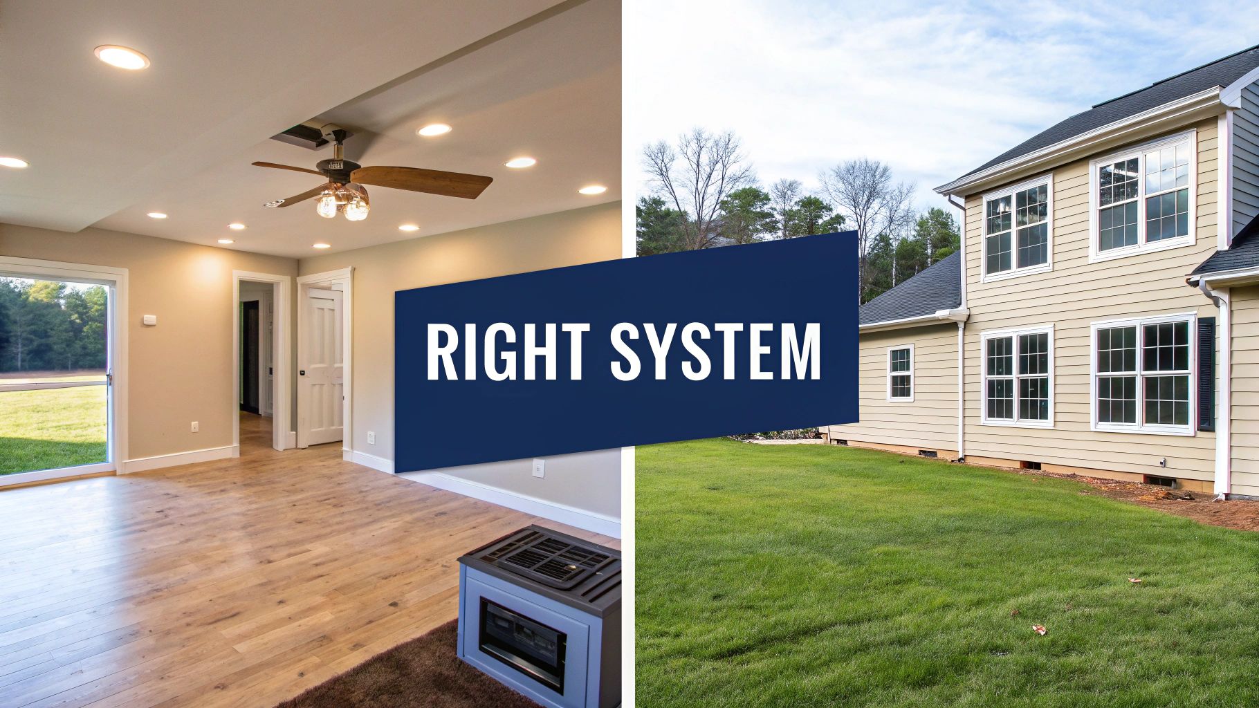 Split image of a home interior with a ceiling fan and wood floor, and its exterior with a green lawn, featuring 'RIGHT SYSTEM' text.