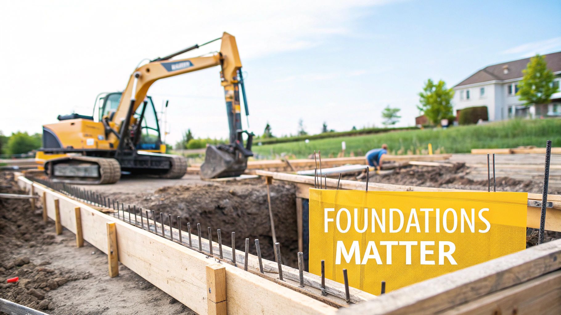 Excavator and worker at a residential construction site, with a concrete foundation being prepared.