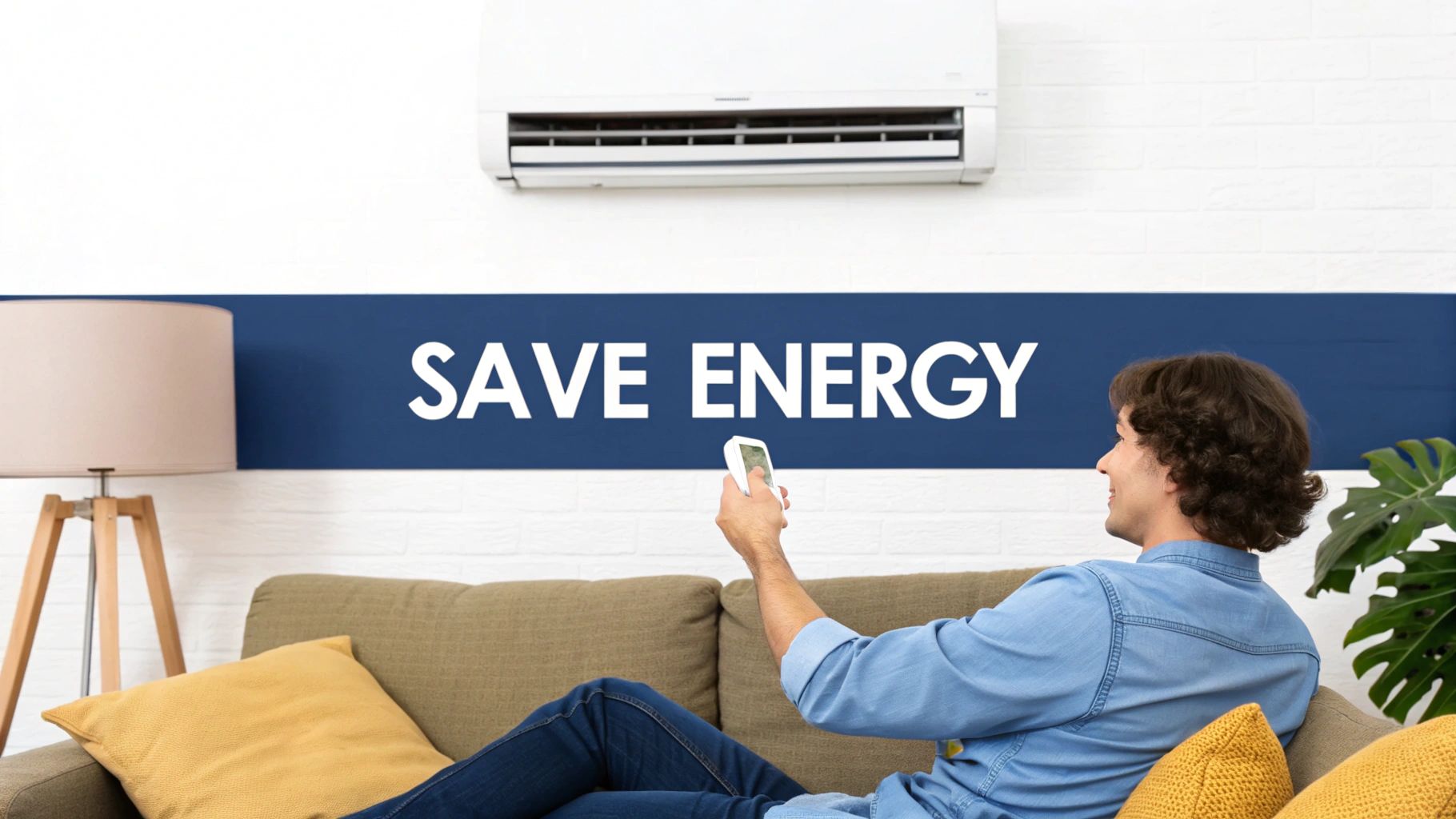 A man on a couch uses a remote control for an air conditioner, promoting 'SAVE ENERGY'.