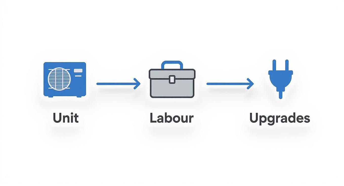 Diagram illustrating the air conditioning installation process, showing unit, labour, and upgrades with arrows.