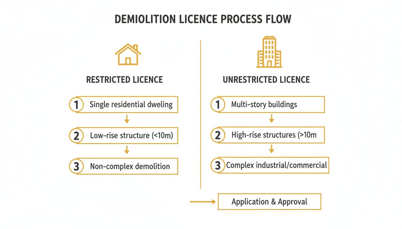 Demolition licence process flow chart showing categories for restricted and unrestricted licences.