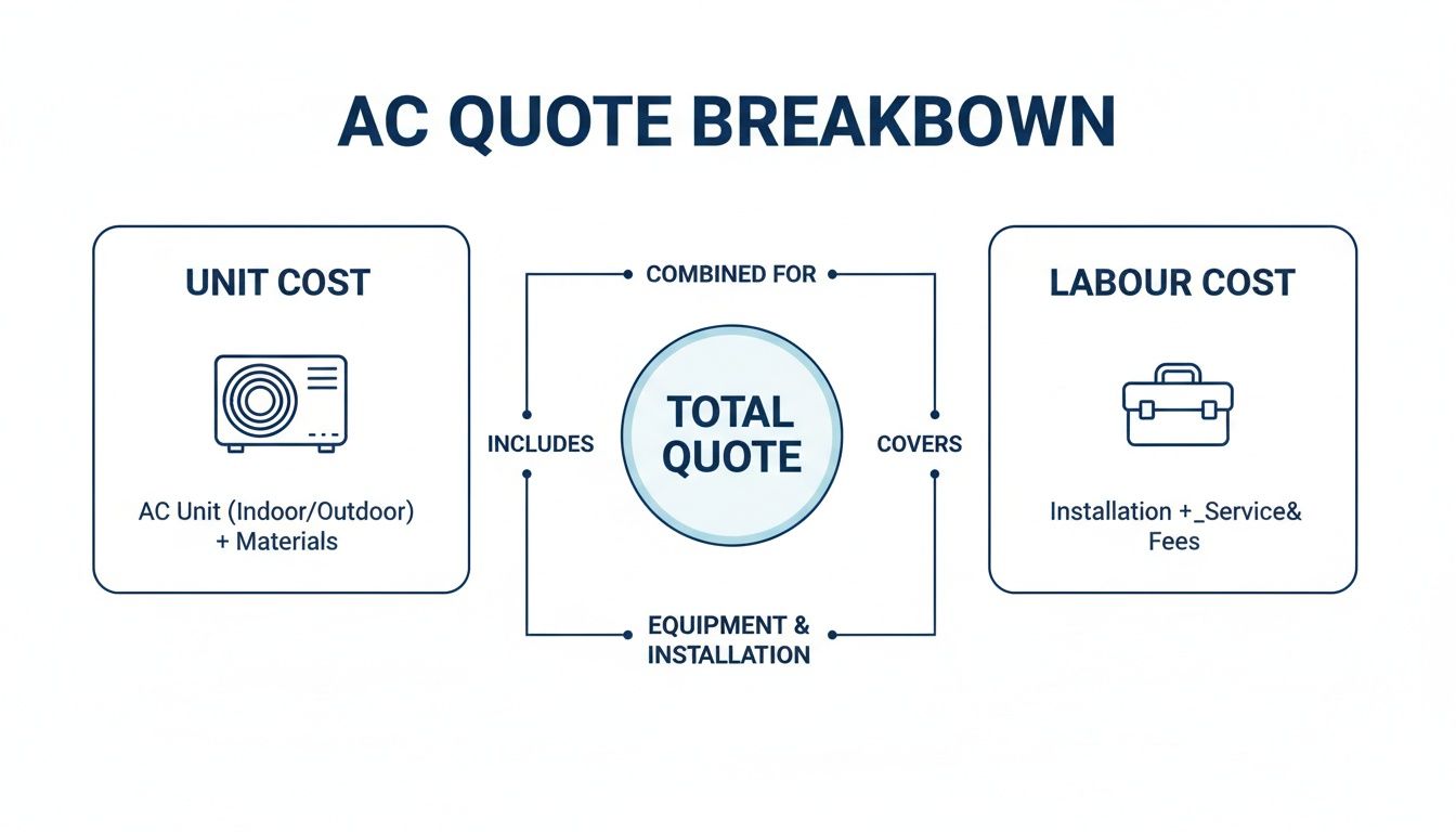 Diagram showing AC quote breakdown: unit cost (AC unit, materials) and labour cost (installation, service, fees).
