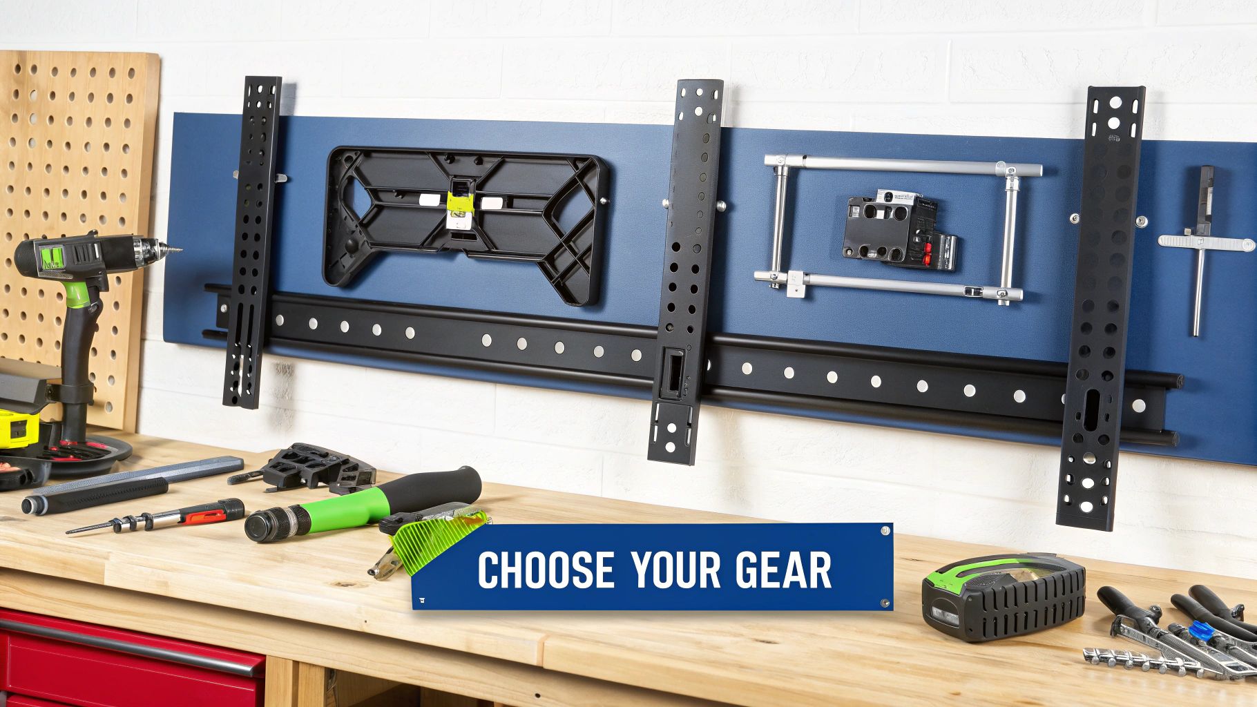 A collection of tools like a drill, level, and stud finder laid out for a TV wall mount installation.