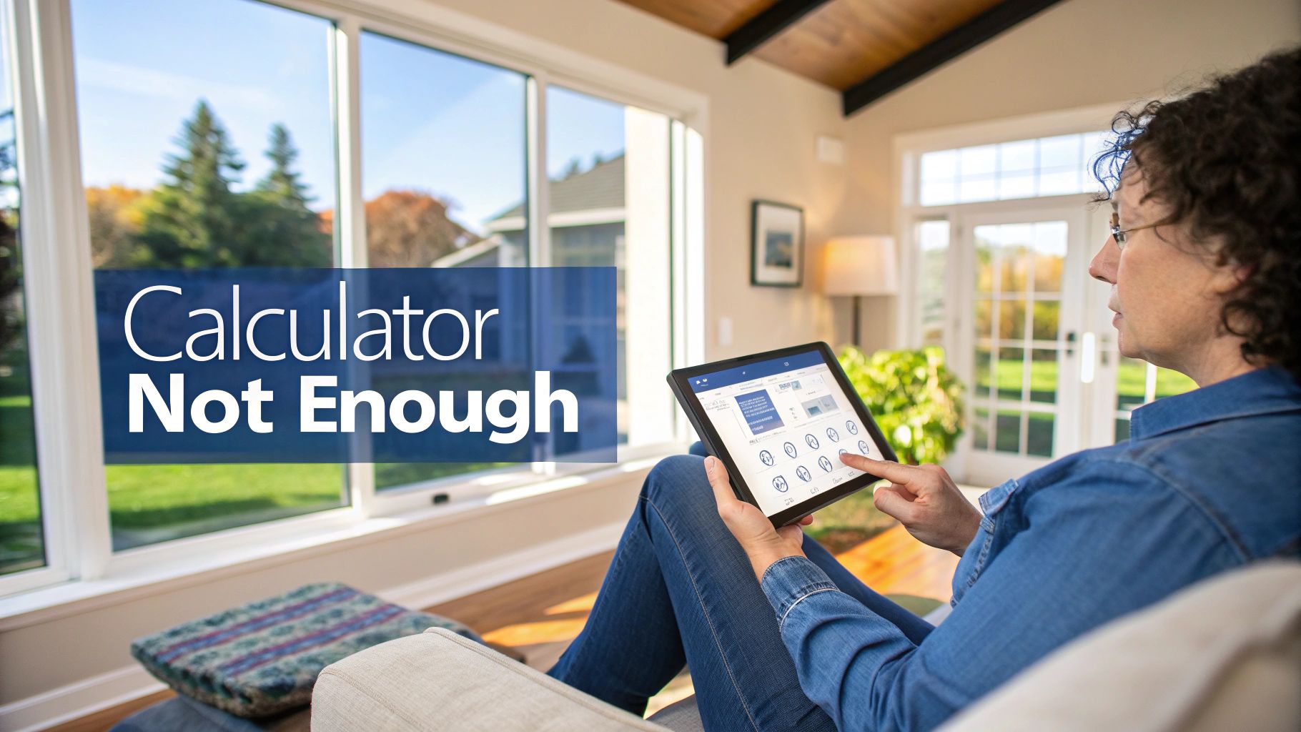 Woman on a couch uses a tablet with 'Calculator Not Enough' text, looking out large windows.