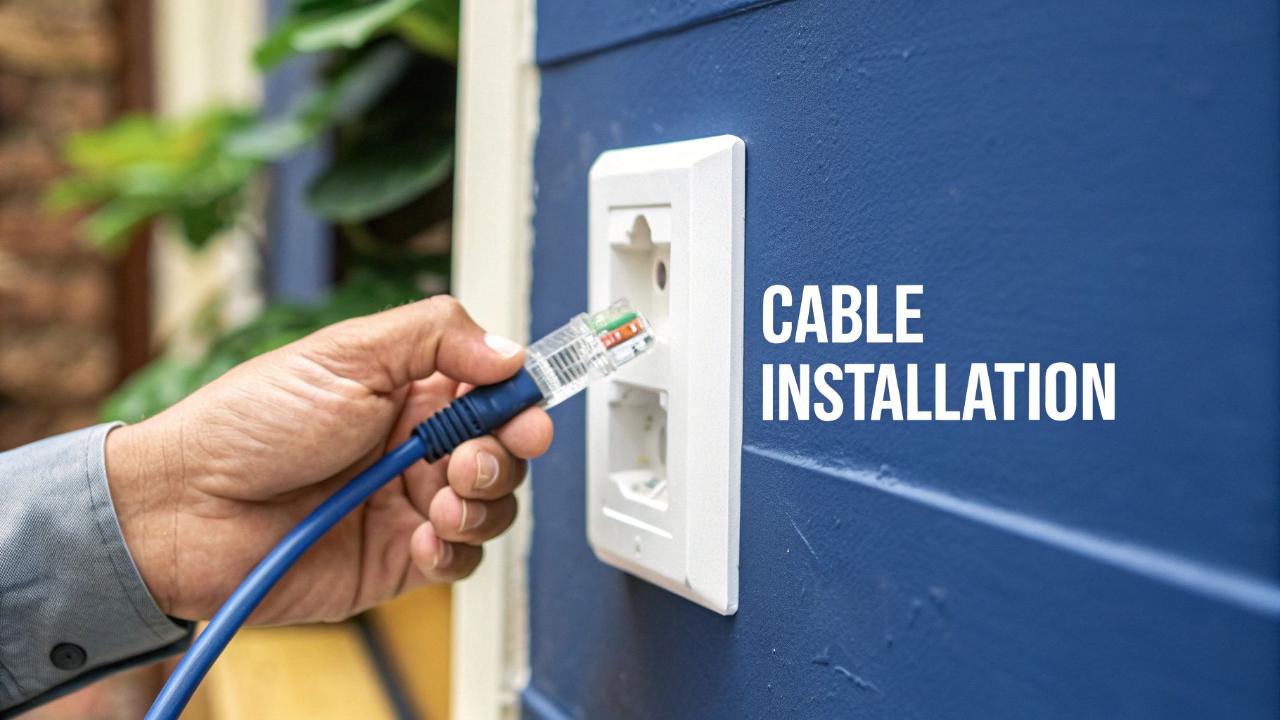 A person carefully running an ethernet cable through the ceiling cavity of a home.