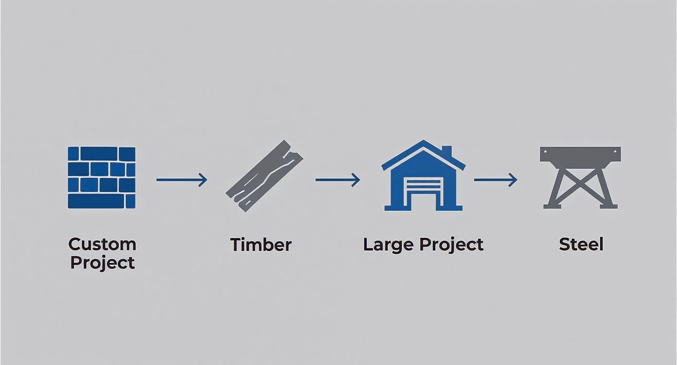 A diagram illustrating different construction project types and materials: custom project, timber, large project, and steel.