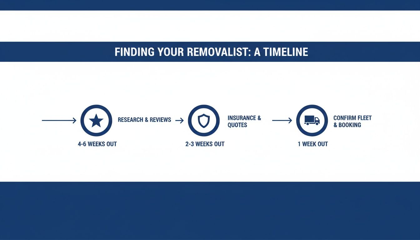 A timeline graphic outlining the steps to find a removalist, including research, insurance, and booking.