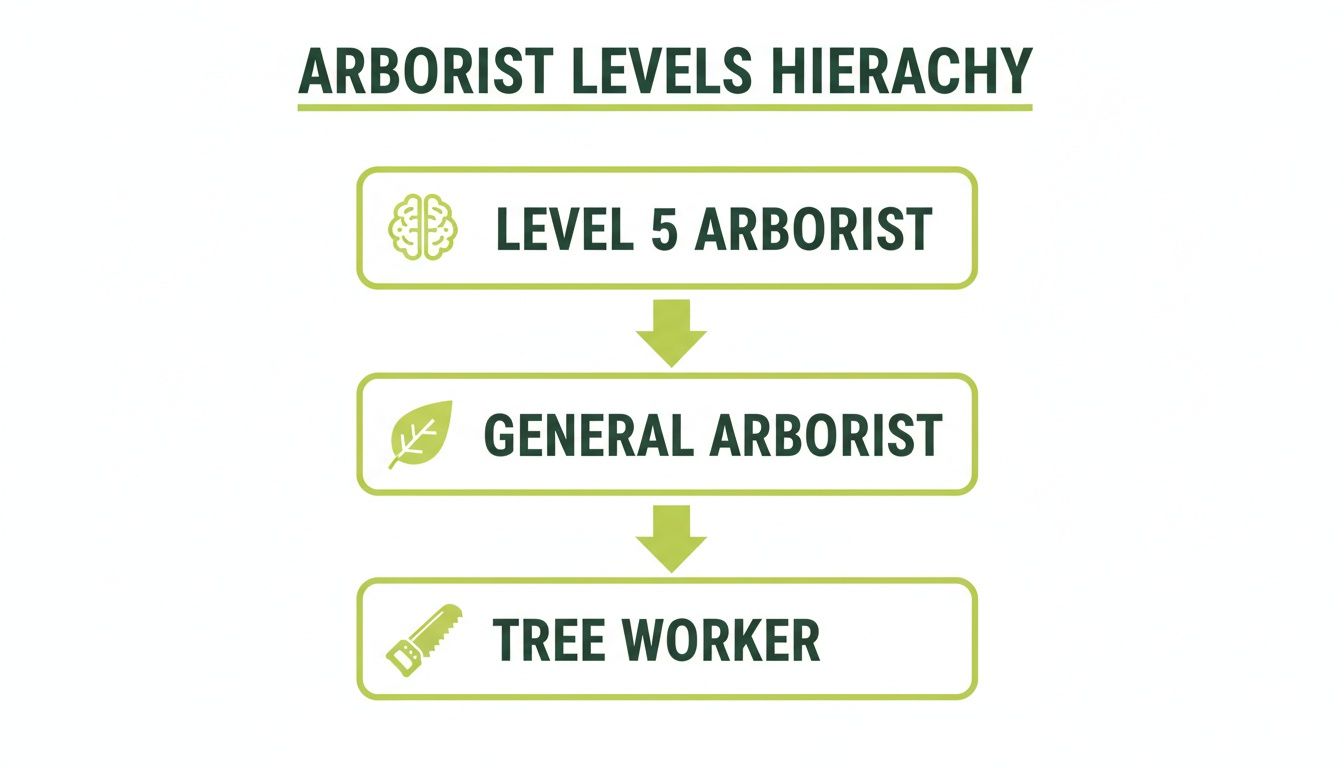 A hierarchical diagram illustrating arborist levels: Level 5, General Arborist, and Tree Worker.