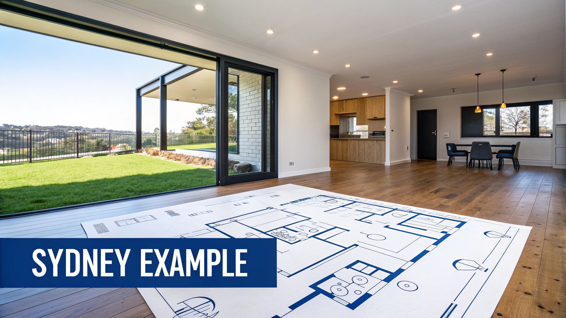 Modern open-plan home with a large blueprint on the wooden floor and a view to a green backyard.