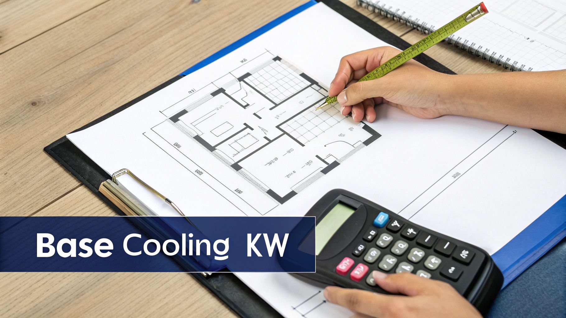 A person measuring a house floor plan with a ruler and calculator, displaying 'Base Cooling KW'.