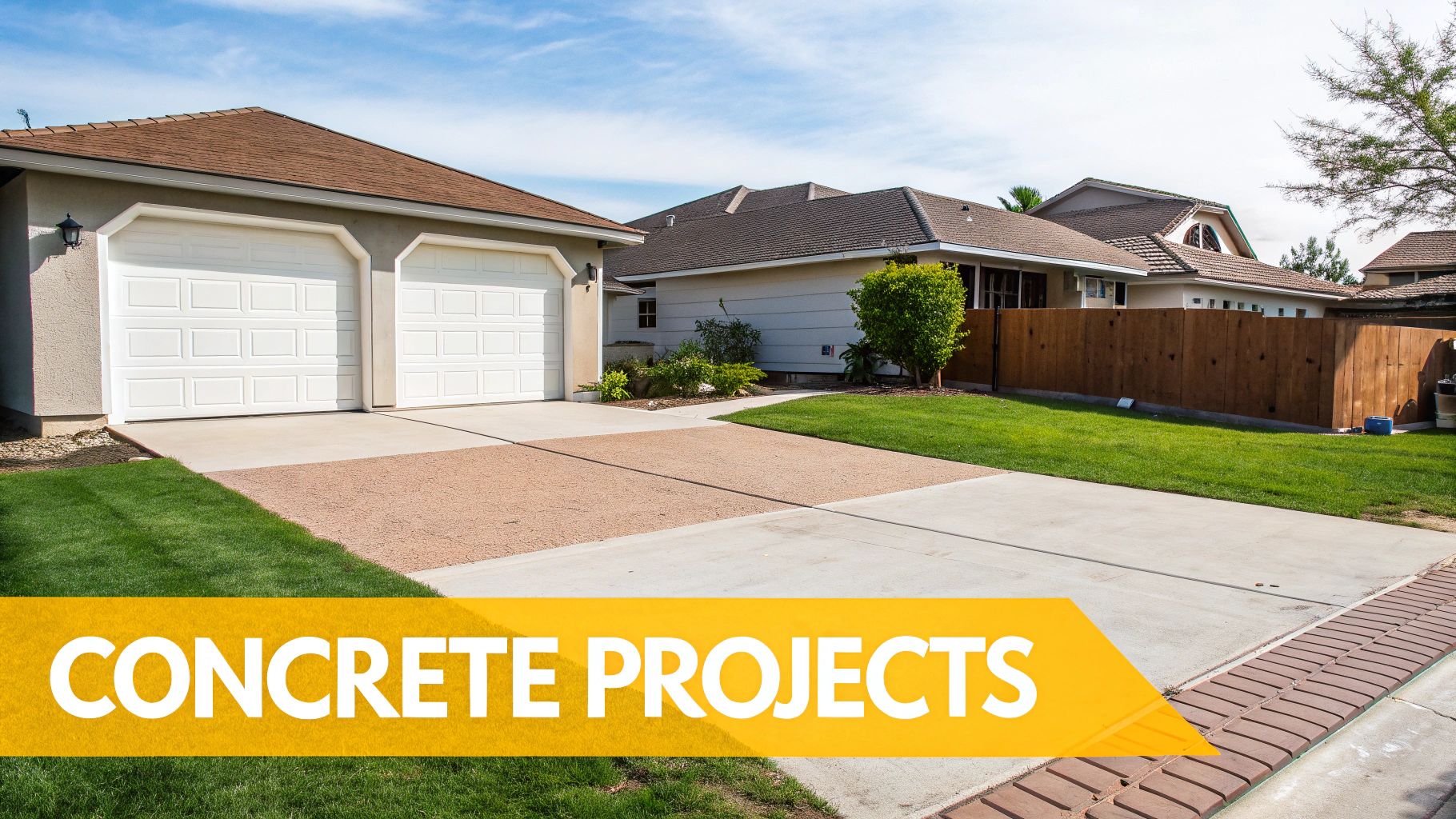 A newly poured concrete patio being finished by a professional concreter.