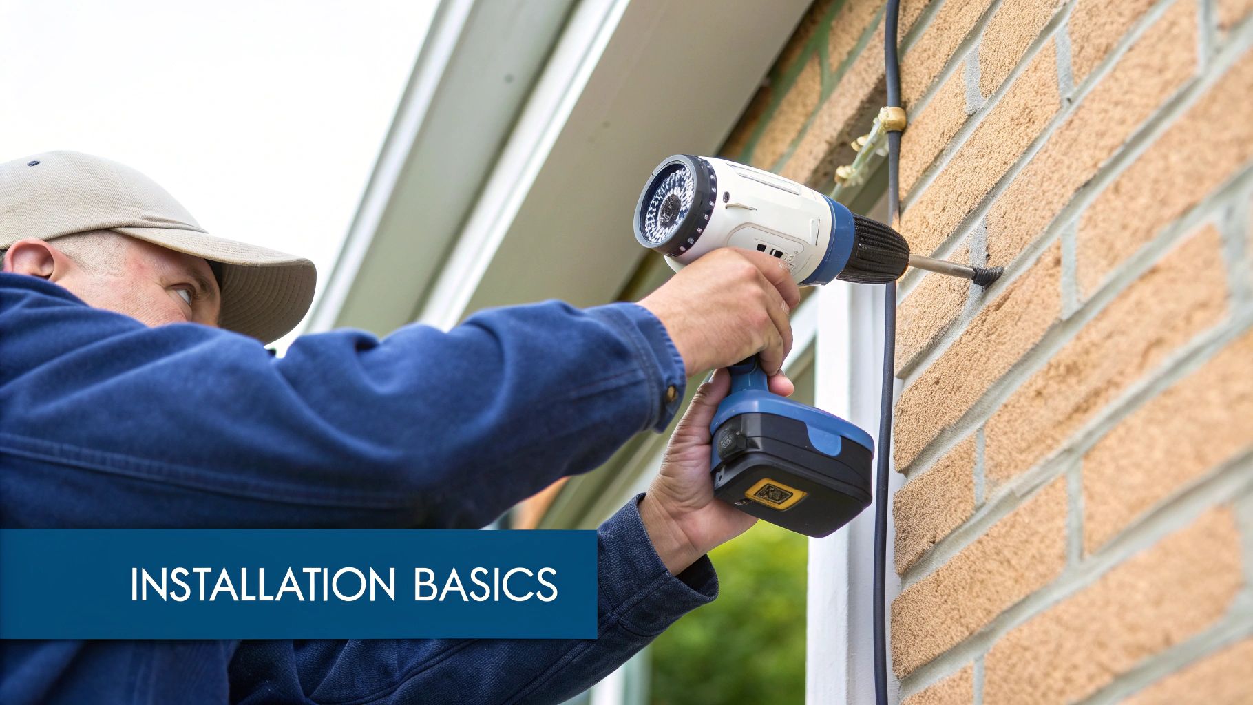 A person on a ladder installing a security camera under the eaves of a house.